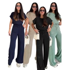 Womens Round Neck Short Sleeve Pant Suit